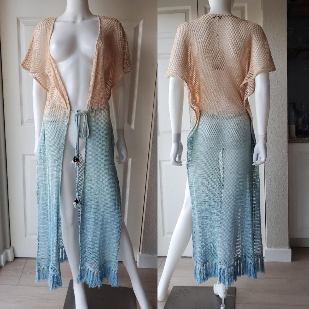 Share Turks & Caicos NWT 100% Cotton Knit Ombre Blue Long Beach Cover Up Small